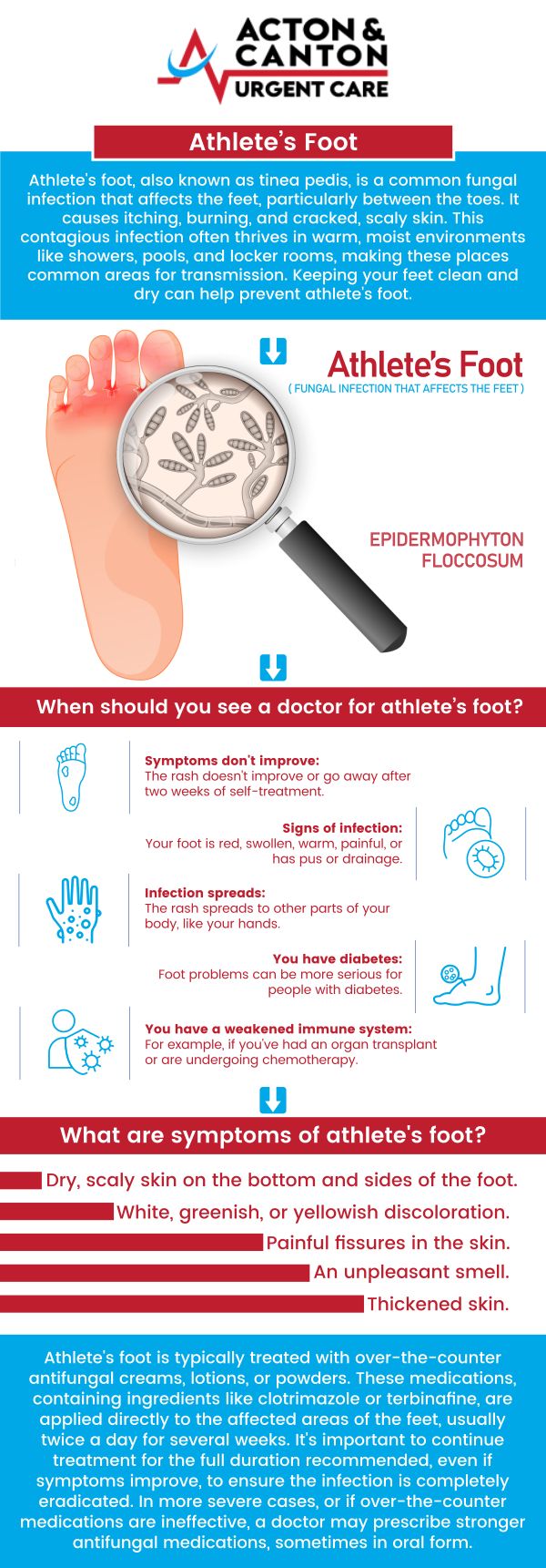 Common questions asked by patients: Should you go to urgent care for athlete's foot? Can urgent care treat fungal infections? Can you go to urgent care for a foot infection? How to treat athlete's foot on toddler? For more information, contact us or schedule an appointment online. We are located at 95 Washington St, Ste 204 A, Canton, MA 02021. We serve patients from Canton MA, Sharon MA, Stoughton MA, Norwood MA, Walpole MA, Westwood MA, Milton MA, Raynham MA, and surrounding areas. Common questions asked by patients: Should you go to urgent care for athlete's foot? Can urgent care treat fungal infections? Can you go to urgent care for a foot infection? How to treat athlete's foot on toddler? For more information, contact us or schedule an appointment online. We are located at 95 Washington St, Ste 204 A, Canton, MA 02021. We serve patients from Canton MA, Sharon MA, Stoughton MA, Norwood MA, Walpole MA, Westwood MA, Milton MA, Raynham MA, and surrounding areas.