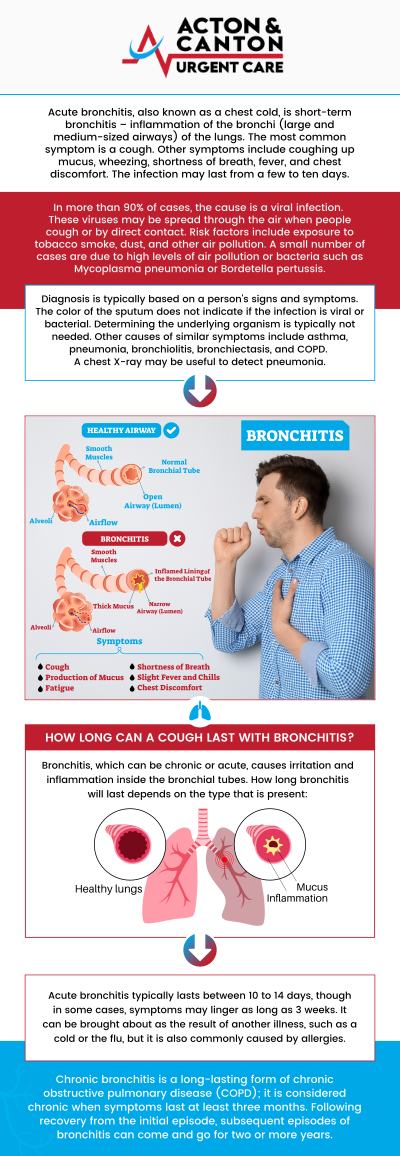 Bronchitis occurs when the lining of the bronchial tubes becomes inflamed, often after a cold or respiratory infection. Symptoms include persistent coughing with mucus, chest tightness, wheezing, fatigue, and shortness of breath. Acute bronchitis usually lasts a few weeks, while chronic bronchitis can recur and may require ongoing medical care. Visit Bajwa, MD for professional evaluation and treatment of bronchitis symptoms. For more information, contact us or schedule an appointment online. We are located at 95 Washington St, Ste 204 A, Canton, MA 02021.  Bronchitis occurs when the lining of the bronchial tubes becomes inflamed, often after a cold or respiratory infection. Symptoms include persistent coughing with mucus, chest tightness, wheezing, fatigue, and shortness of breath. Acute bronchitis usually lasts a few weeks, while chronic bronchitis can recur and may require ongoing medical care. Visit Bajwa, MD for professional evaluation and treatment of bronchitis symptoms. For more information, contact us or schedule an appointment online. We are located at 95 Washington St, Ste 204 A, Canton, MA 02021.