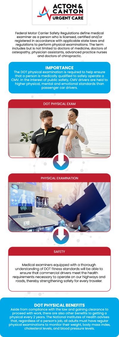 A DOT physical is a mandatory medical examination required by the Federal Motor Carrier Safety Administration (FMCSA) for all commercial motor vehicle (CMV) drivers. Its purpose is to ensure that a driver is physically, mentally, and emotionally fit to operate a CMV safely and to help keep the nation's roads safe. Visit the professionals at Acton Urgent Care to schedule your comprehensive DOT physical. For more information, contact us or schedule an appointment online. We are located at 100 Powder Mill Rd, Acton, MA 01720. A DOT physical is a mandatory medical examination required by the Federal Motor Carrier Safety Administration (FMCSA) for all commercial motor vehicle (CMV) drivers. Its purpose is to ensure that a driver is physically, mentally, and emotionally fit to operate a CMV safely and to help keep the nation's roads safe. Visit the professionals at Acton Urgent Care to schedule your comprehensive DOT physical. For more information, contact us or schedule an appointment online. We are located at 100 Powder Mill Rd, Acton, MA 01720.