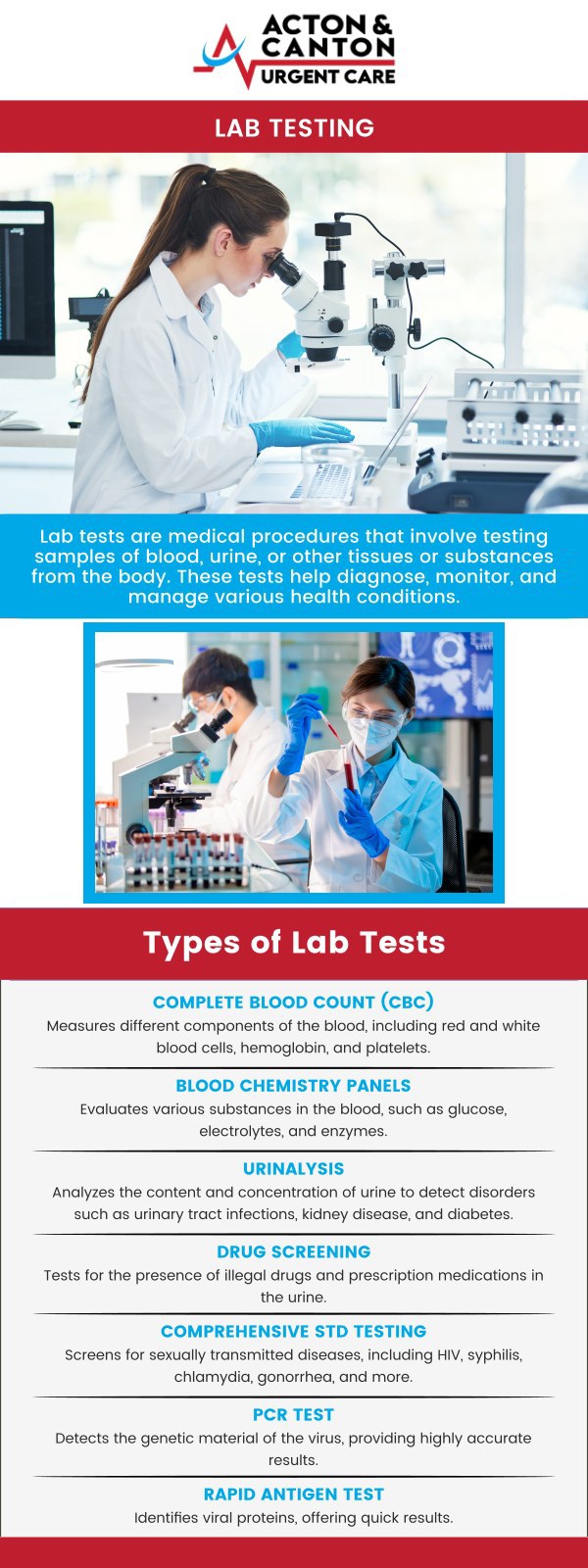 Lab testing is a crucial diagnostic tool that helps identify underlying health conditions and monitor overall well-being. Our clinic offers a wide range of accurate and reliable tests to help detect infections, manage chronic conditions, and guide treatment plans. Visit our experienced team at Acton Urgent Care today for professional lab testing with fast, confidential results. For more information, contact us or schedule an appointment online. We are located at 100 Powder Mill Rd, Acton, MA 01720. 