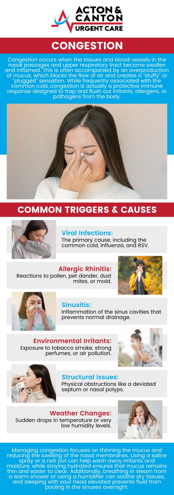 Common questions asked by patients: What causes nasal congestion and blocked sinuses? How can I tell if my nasal congestion is due to allergies or a cold? When should I see a doctor for persistent nasal congestion? Can nasal congestion be a sign of an underlying condition? For more information, contact us or schedule an appointment online. We are located at 95 Washington St, Ste 204 A, Canton, MA 02021. We serve patients from Canton MA, Sharon MA, Stoughton MA, Norwood MA, Walpole MA, Westwood MA, Milton MA, Raynham MA, and surrounding areas.