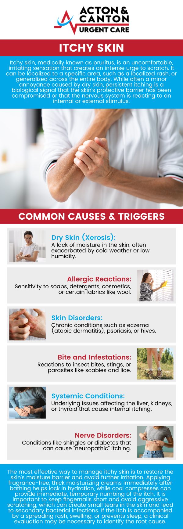 Common questions asked by patients: What are the common causes of itchy skin? How can I relieve itching caused by dry skin? When should I see a doctor for persistent itchy skin? Can allergies or insect bites cause itchy skin? For more information, contact us or schedule an appointment online. We are located at 100 Powder Mill Rd, Acton, MA 01720. We serve patients from Acton MA, Maynard MA, Stow MA, Concord MA, Sudbury MA, Boxborough MA, and surrounding areas.